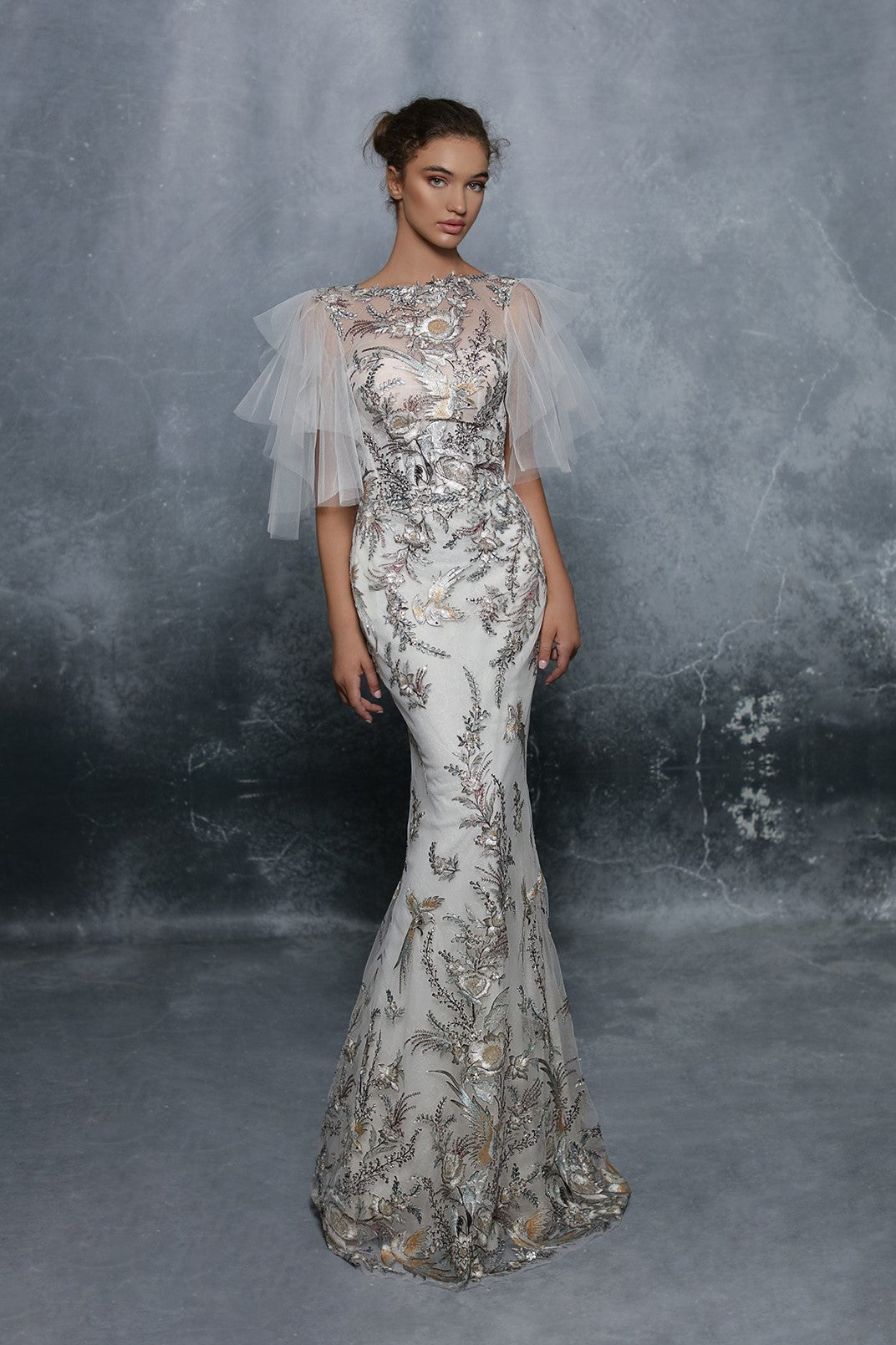 Embroidered Trumpet Evening Gown