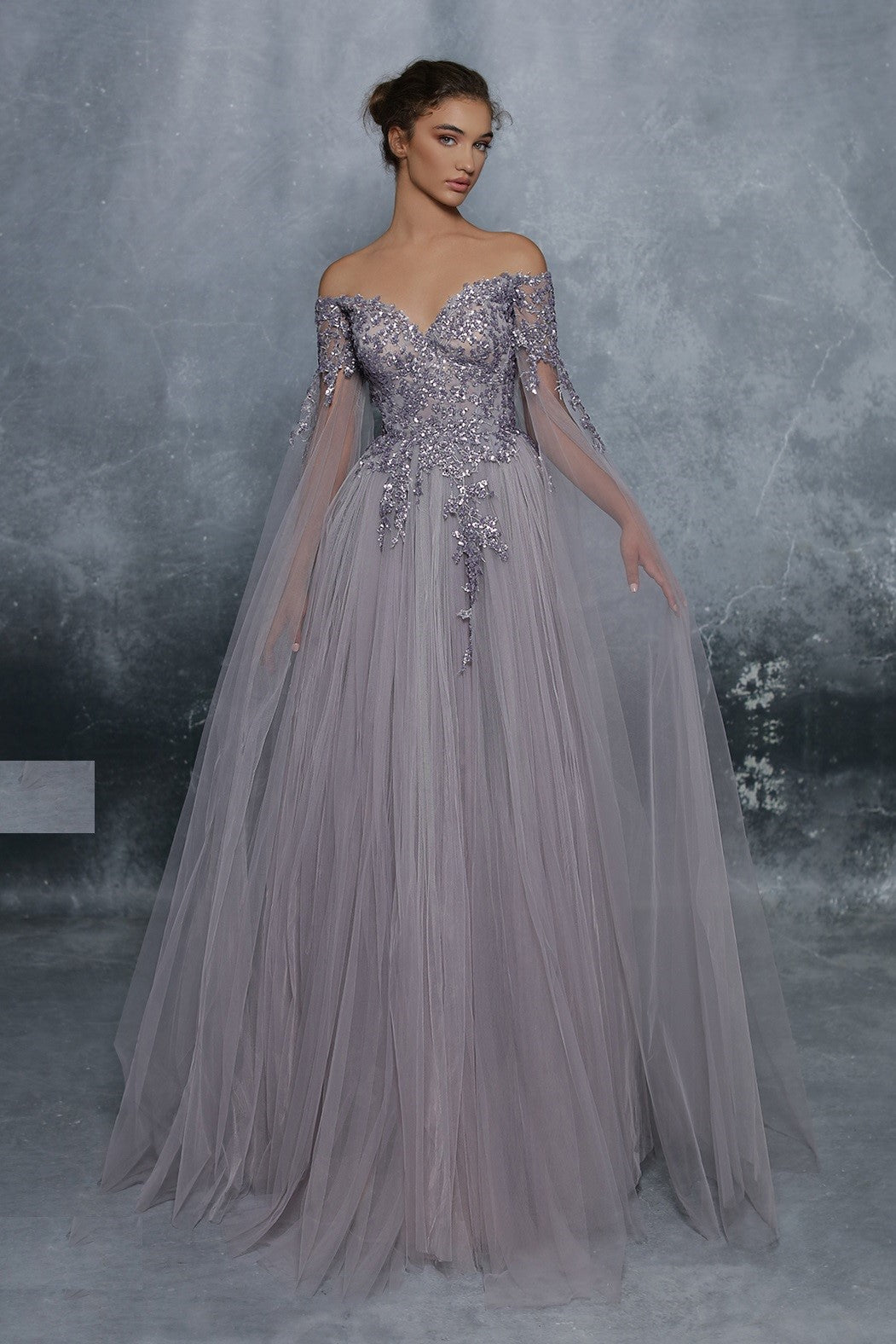 Crash Off Shoulder Embroidered Tulle Gown