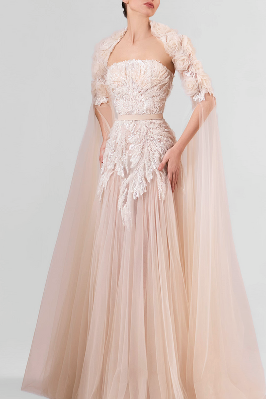 Floral Sleeve Tulle Gown