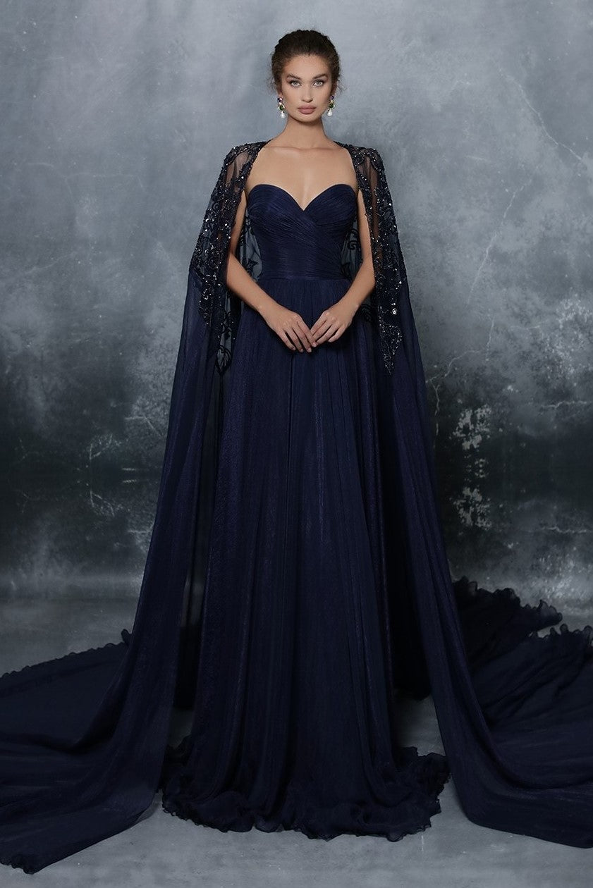 Strapless Chiffon Gown with Cape