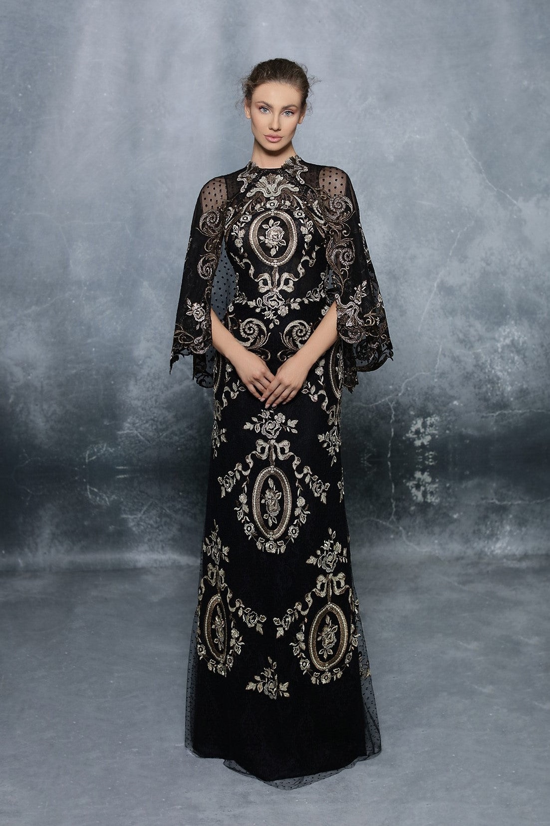 Embroidered Cape Sleeve Gown