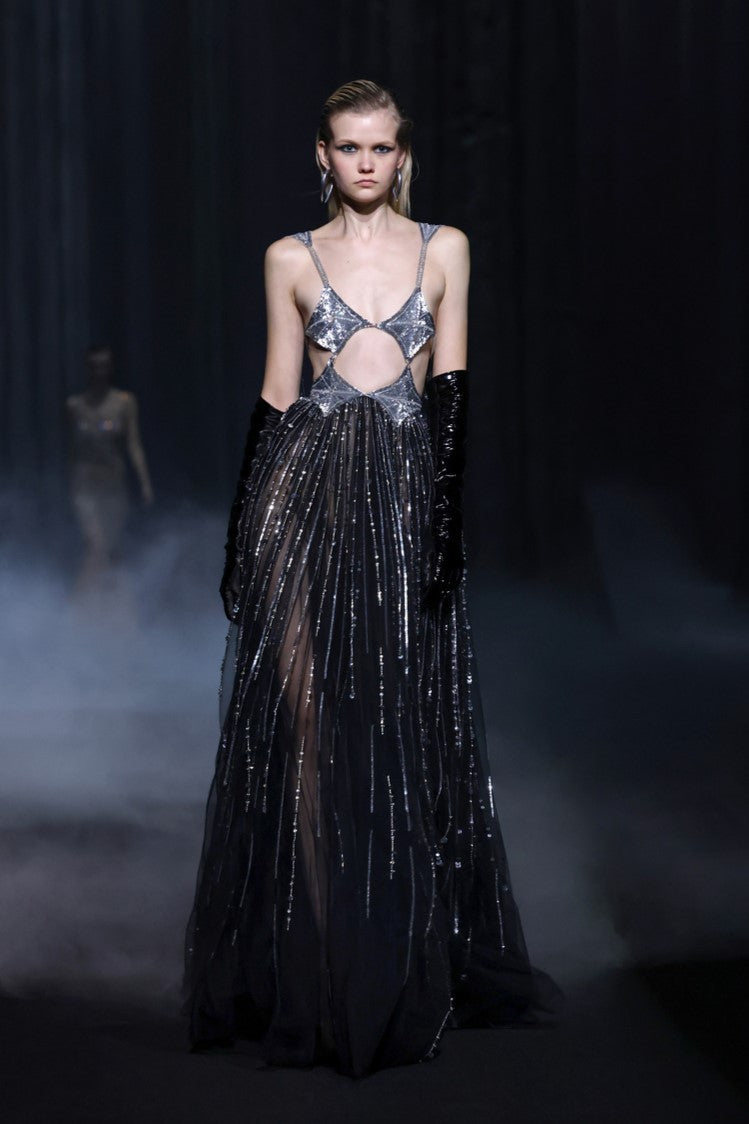 Beaded Tulle Gown with Cut-Outs