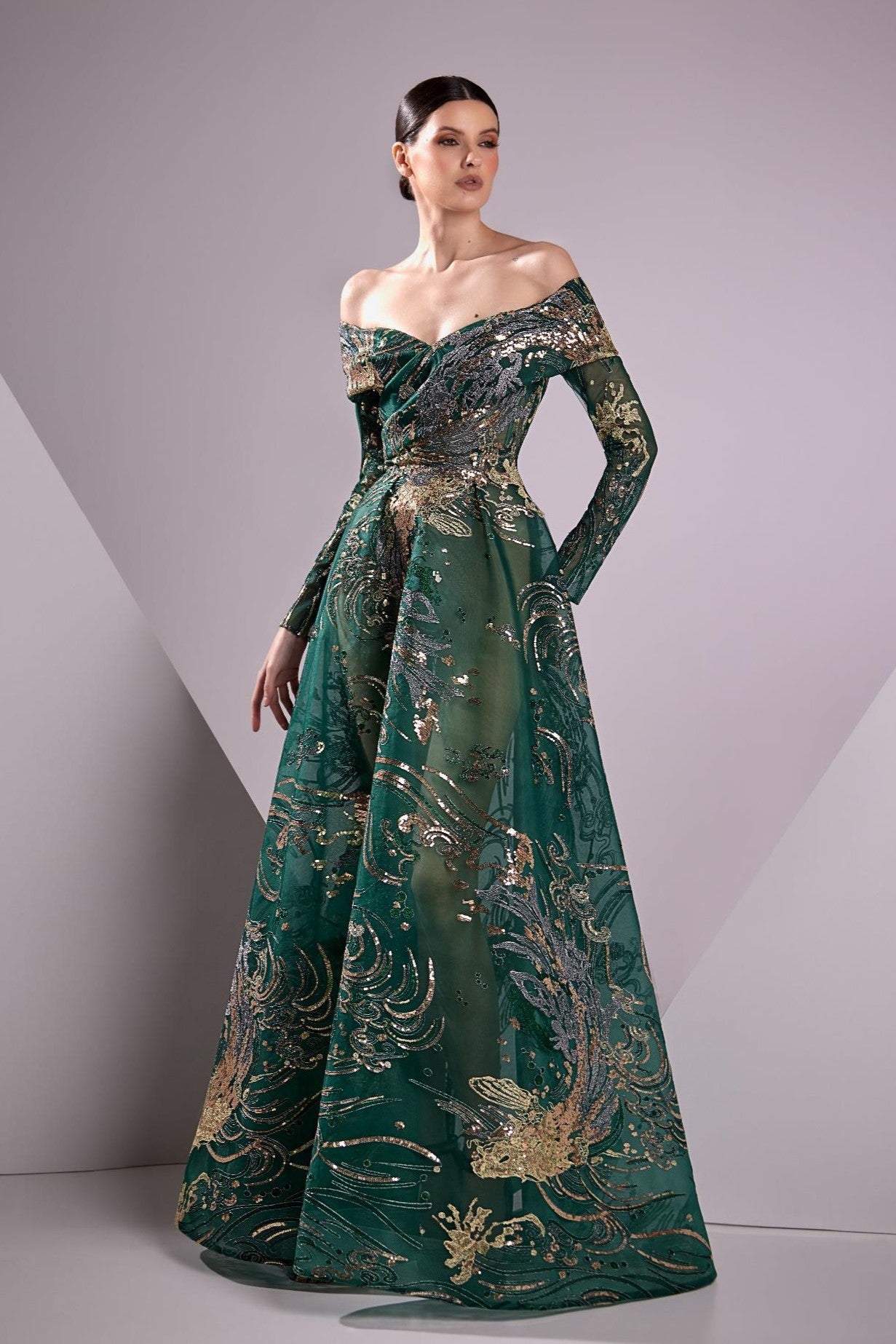 Lace Embroidered Off Shoulder Gown