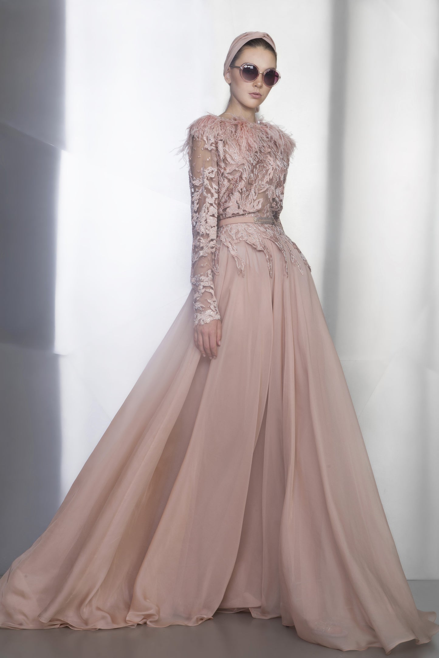 Long Illusion Sleeve Ball Gown