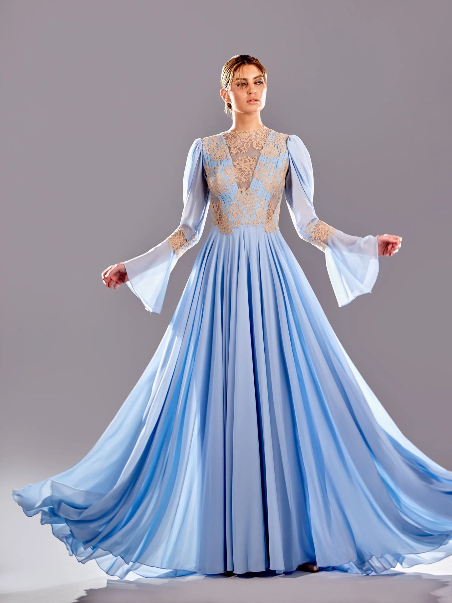 Embroidered Bell Sleeve Gown