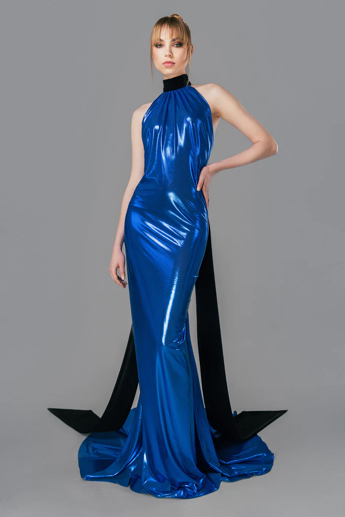 Lam? Gown with Velvet Tie