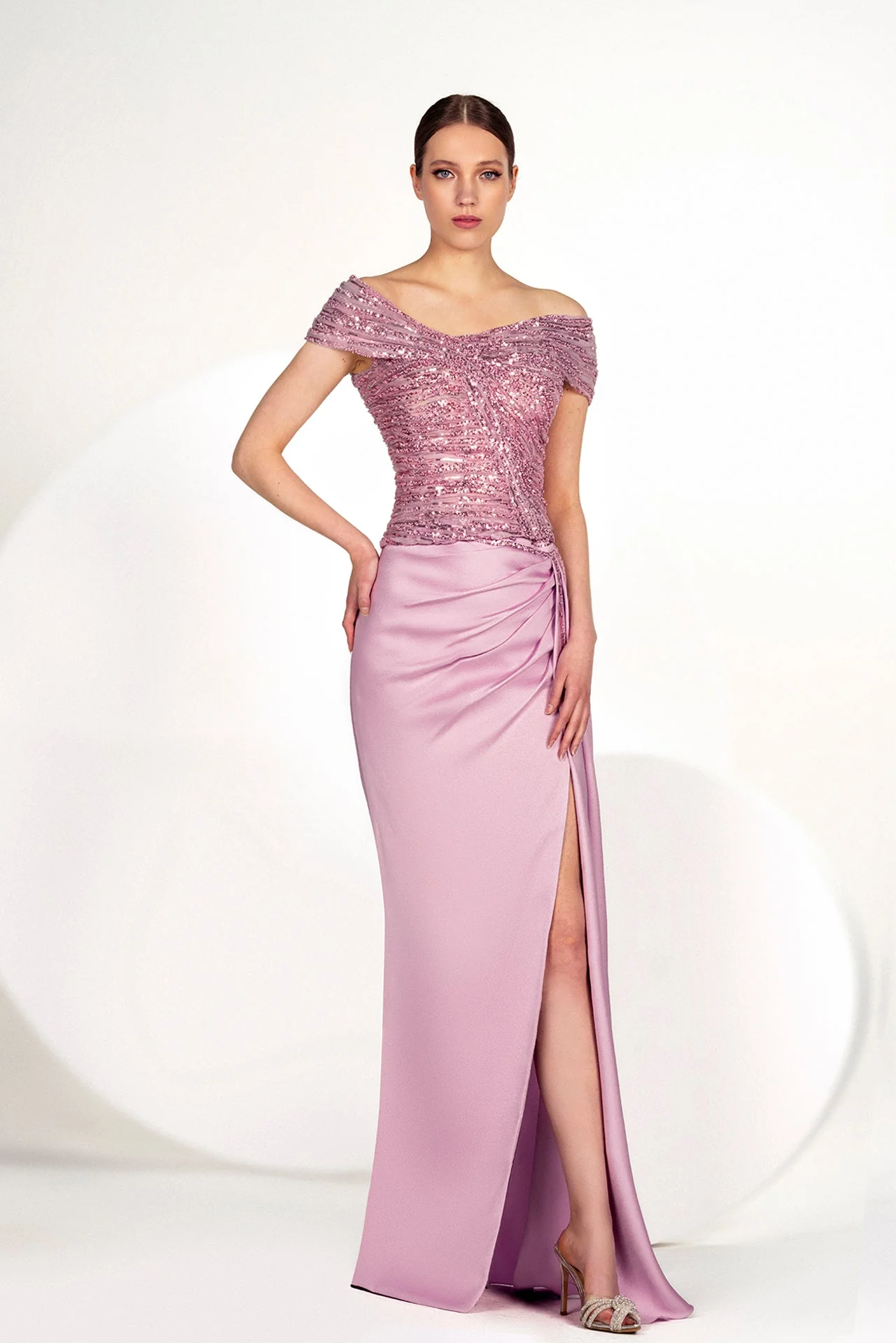 Beaded Off Shoulder Mikado Gown