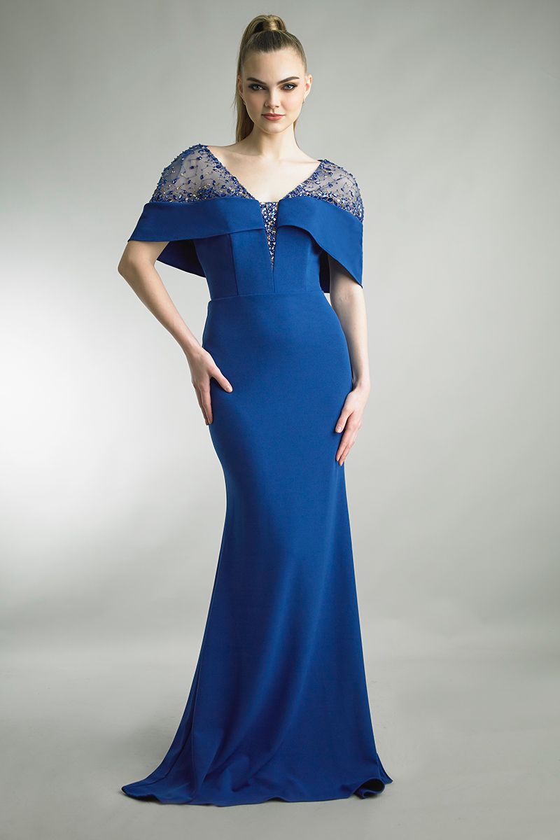 Embellished Shoulder Cape Sleeves Gown