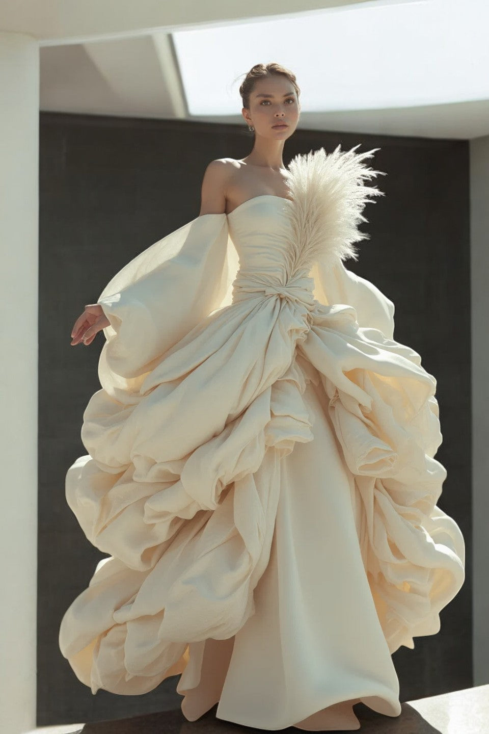 Strapless Draped Ecru Gown