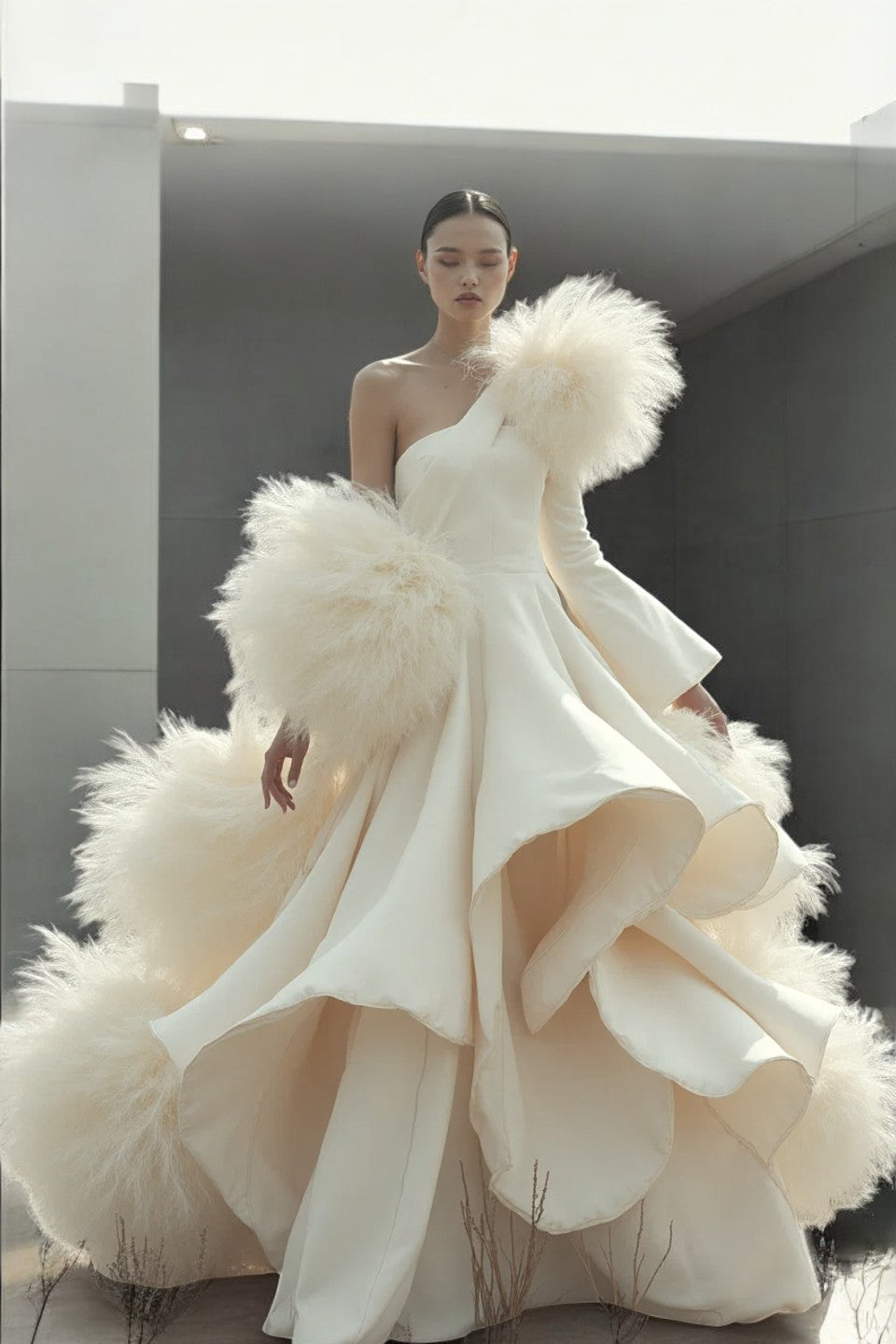 Feather Pouf Train Gown