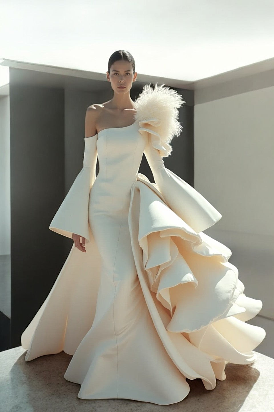 Side Ruffle Romain Gown