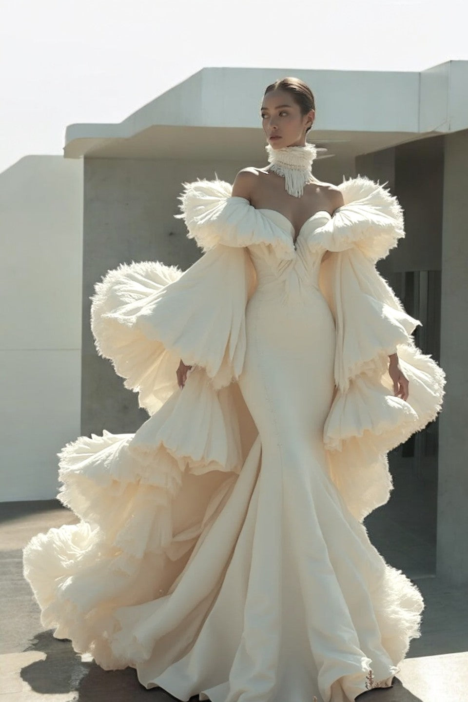 Ruffle Caped Mermaid Gown