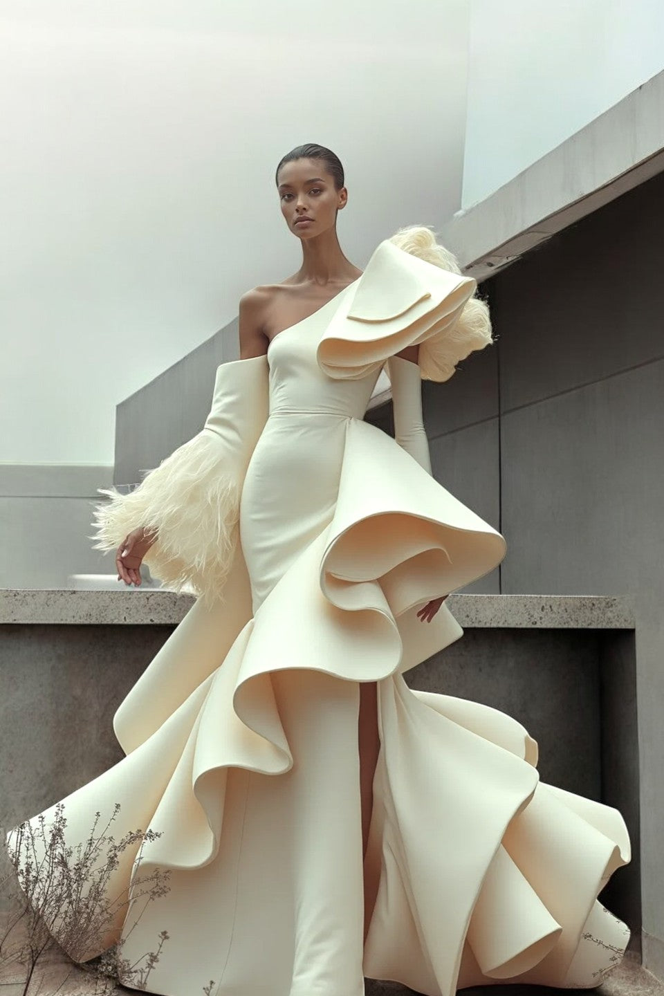 Asymmetrical Ruffle Gown