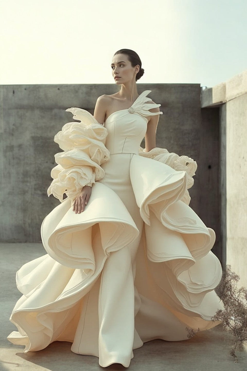 Strapless Ruffle Train Gown