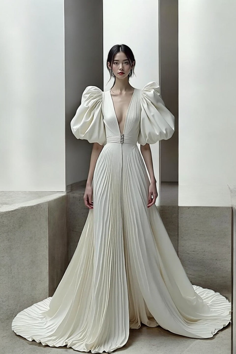 Puff Sleeve Accordion Gown