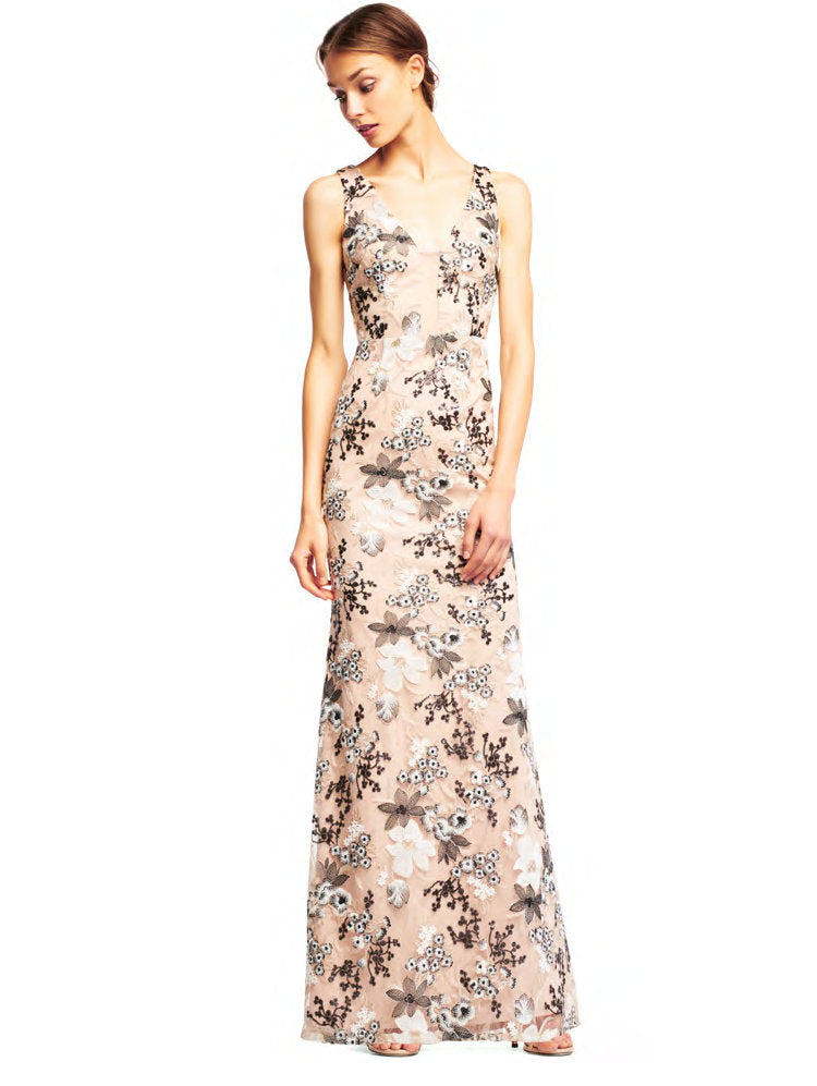Nude Sleeveless Floral Evening Gown