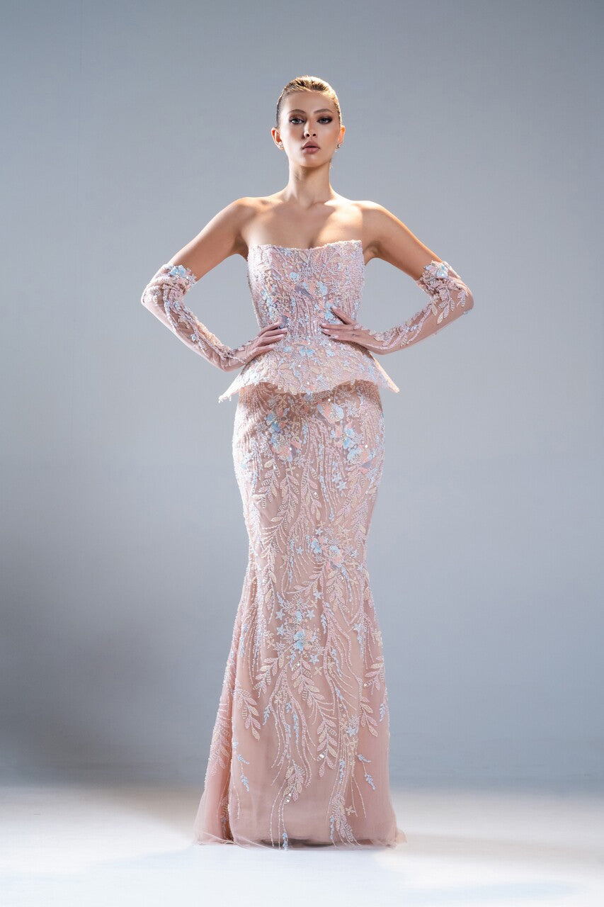 Strapless-Embroidery Peplum Gown