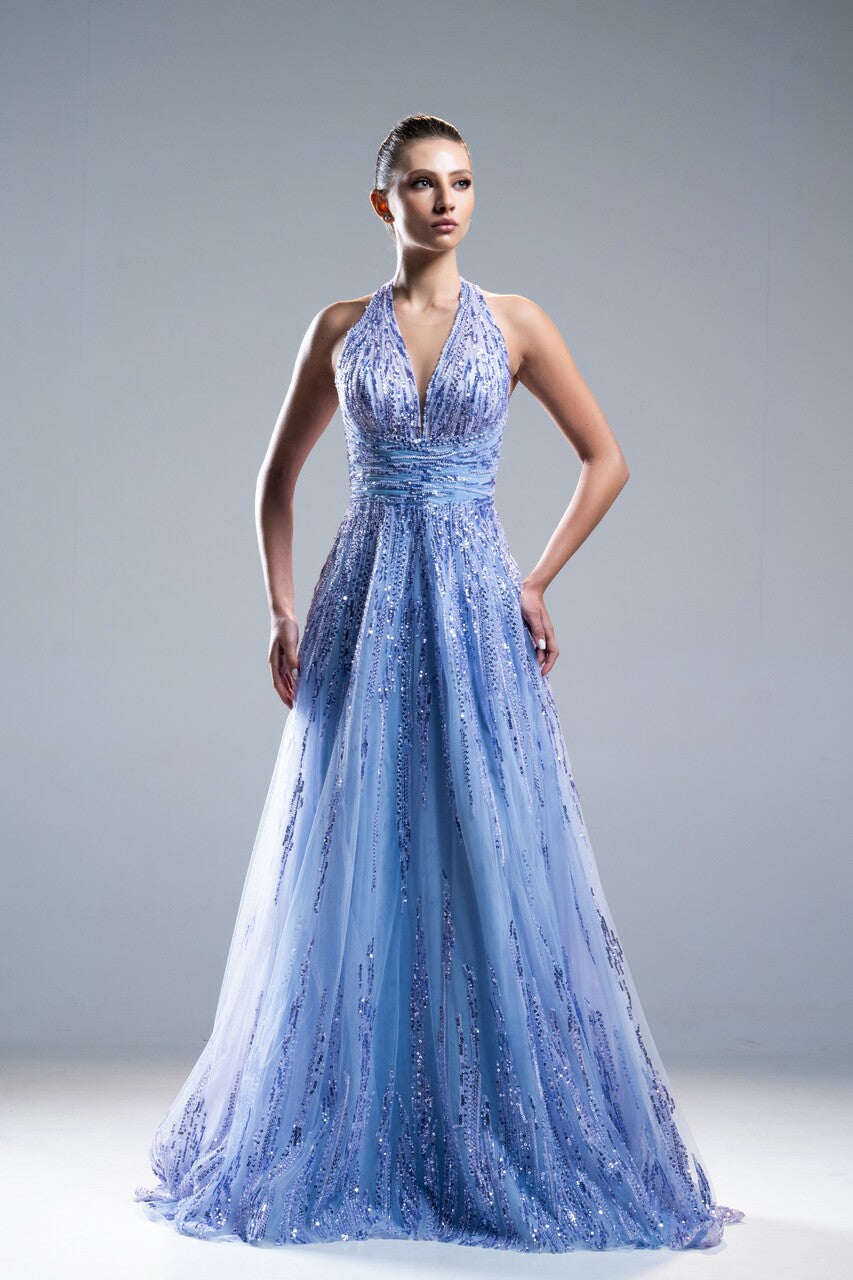 Embroidered Halter-Neck Gown