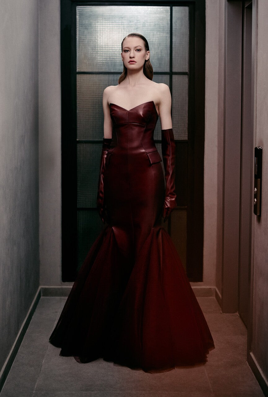 Strapless Faux Leather Gown