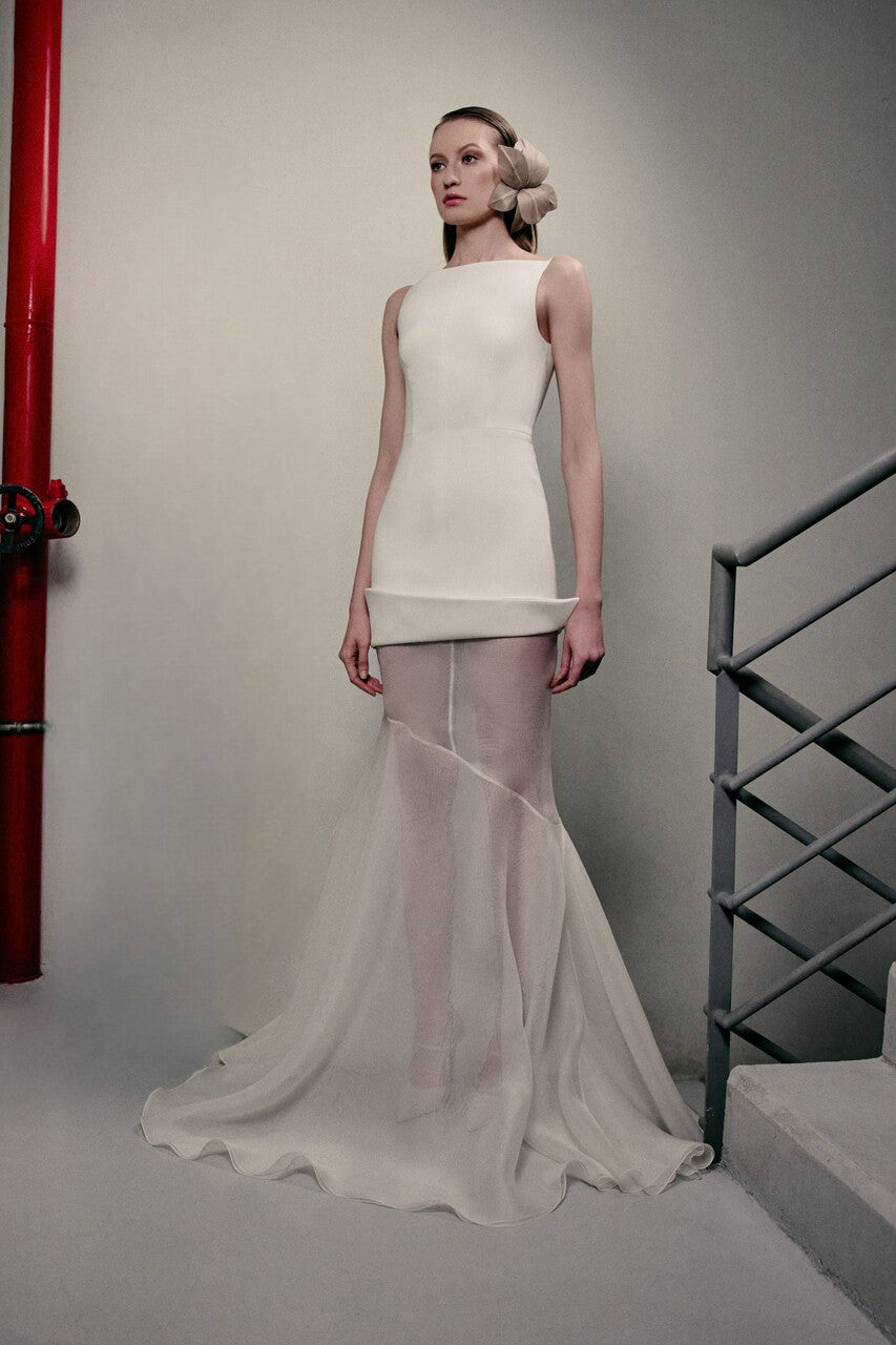 Sleeveless Crepe and Organza Flared Gown