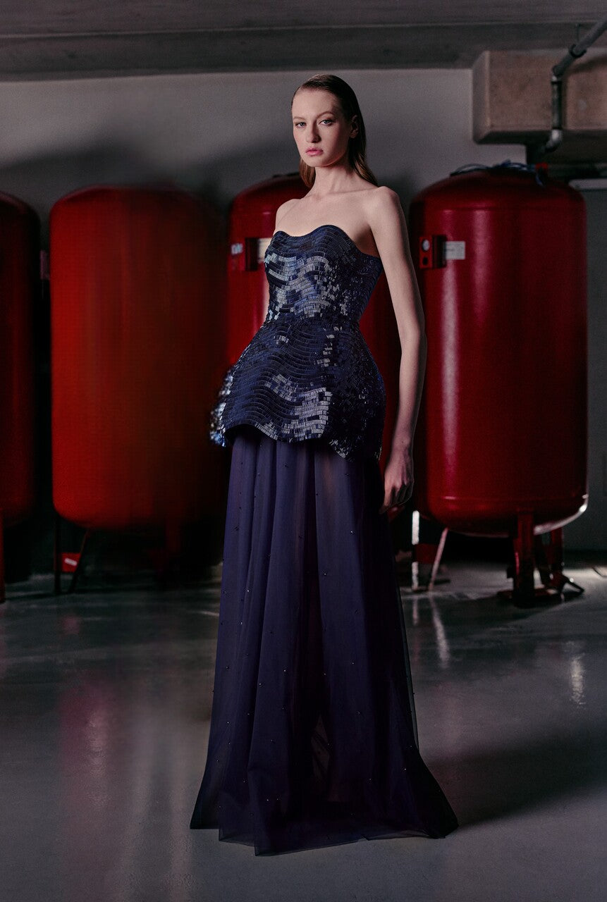 Strapless Peplum Sequin Gown