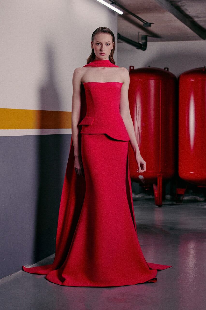 Strapless Sculpted Peplum Gown