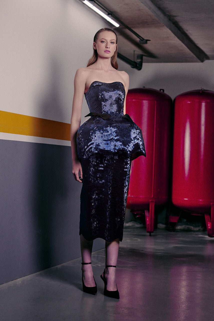 Strapless Peplum Waist Midi Dress