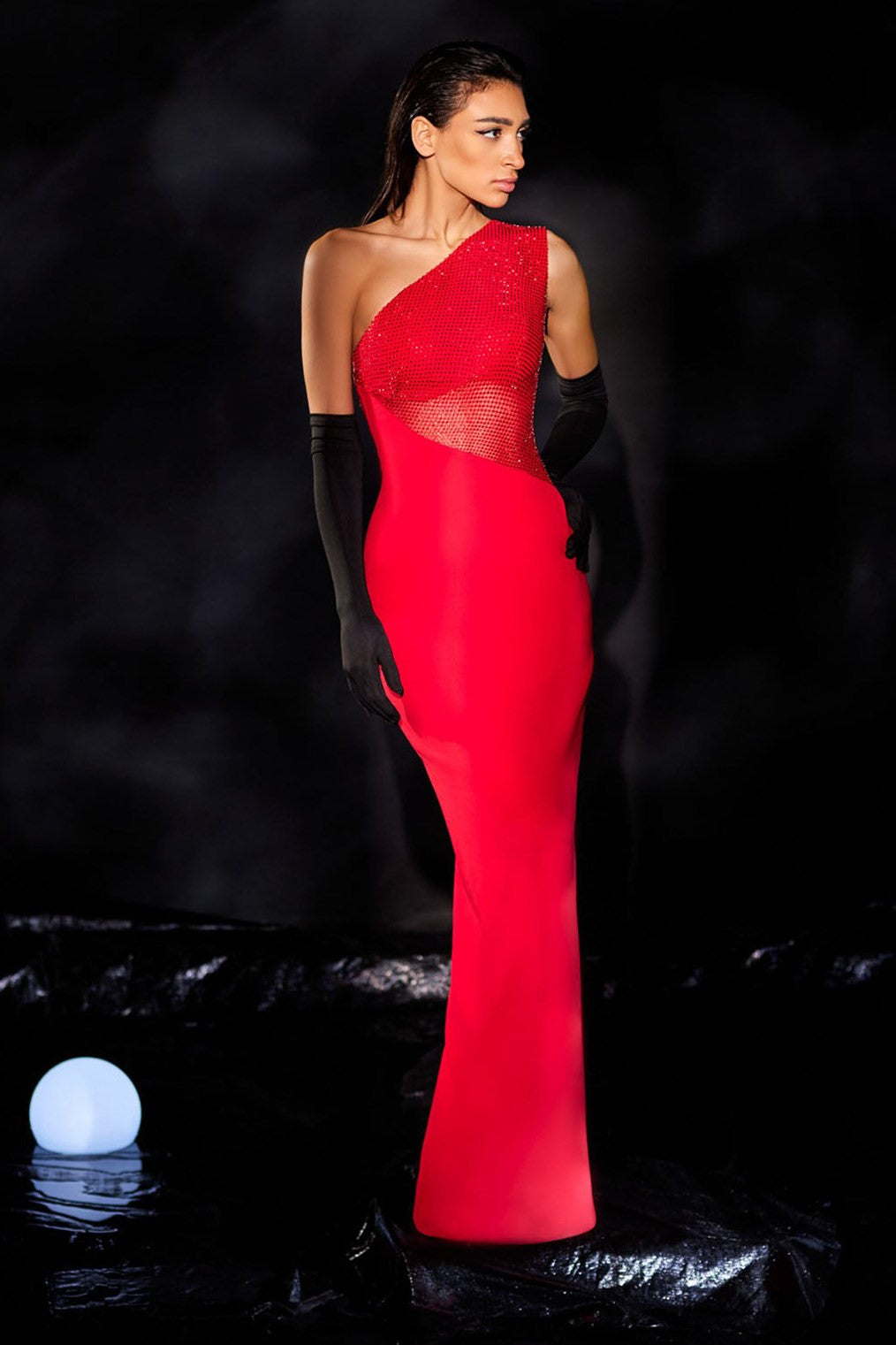 Crepe Gown with Embroidered Fishnet
