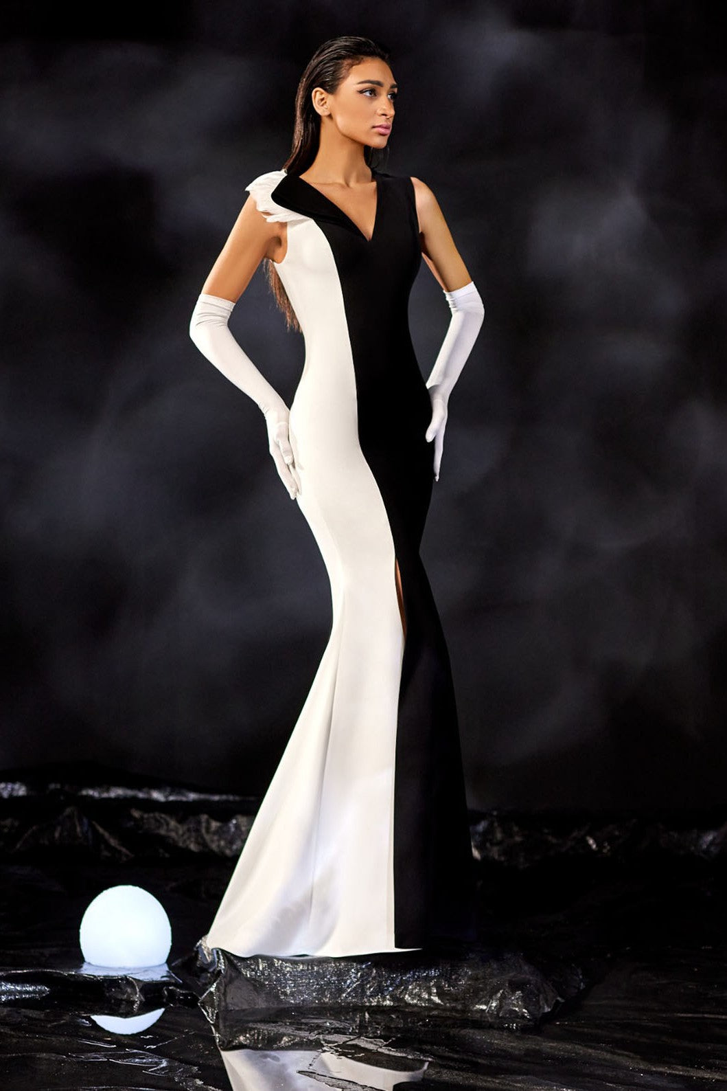 Crepe Bi-Color Gown with Feathers