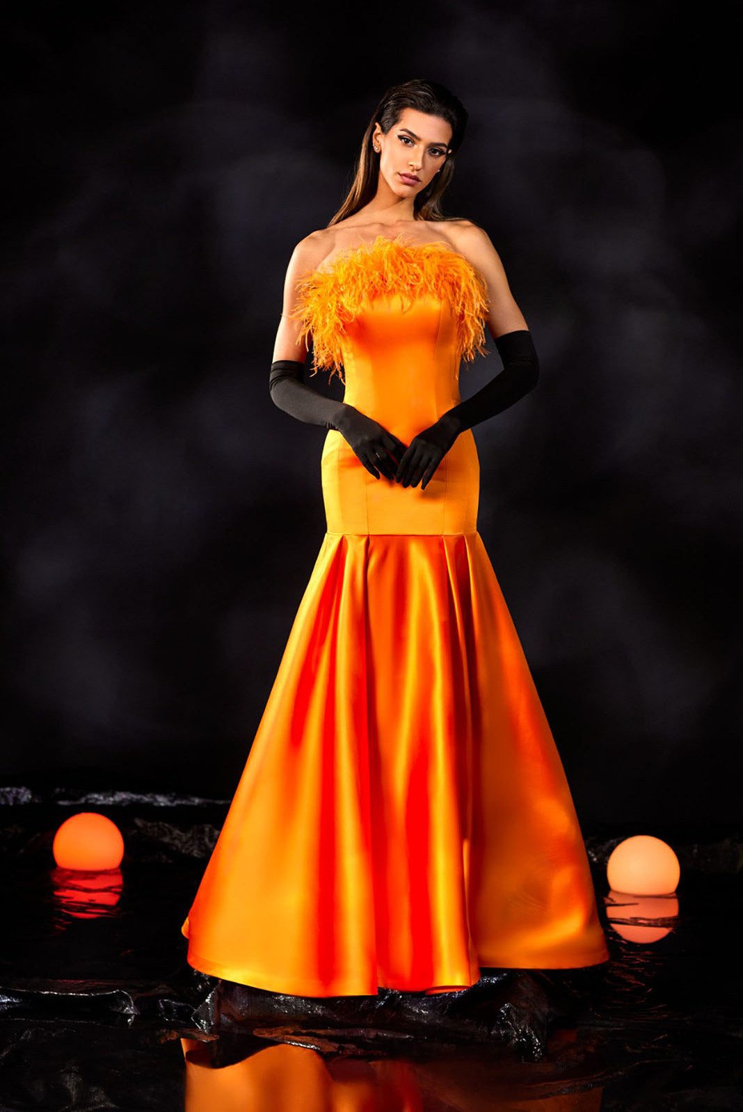 Satin Gown with Feathers