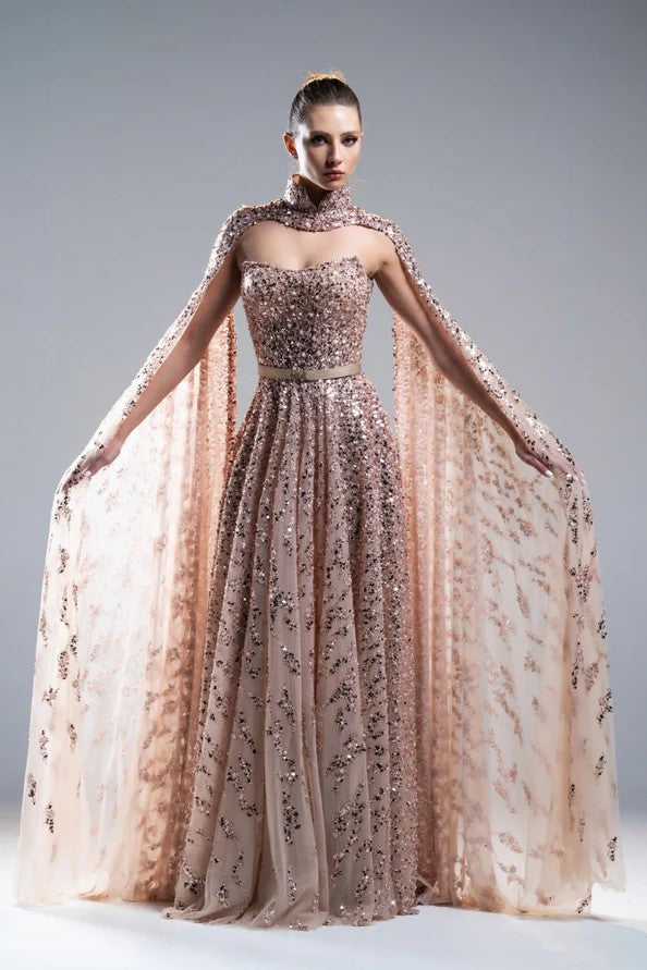 Embroidery Cape Sleeve Gown