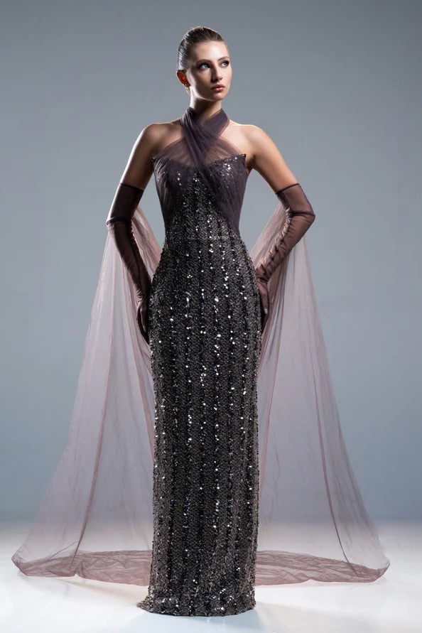 Embroidery Halter Neck Gown