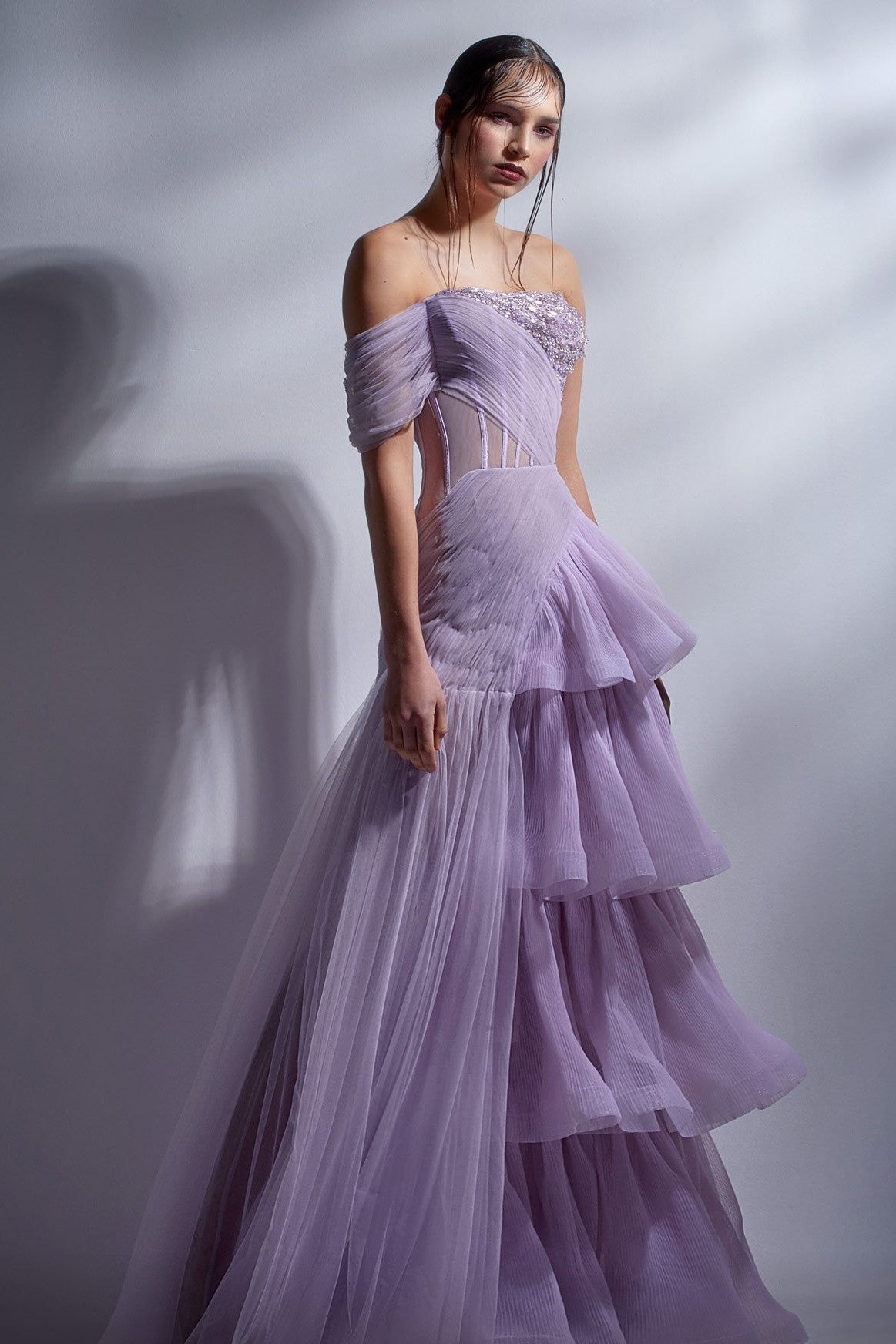 Draped One Shoulder Tiered Gown