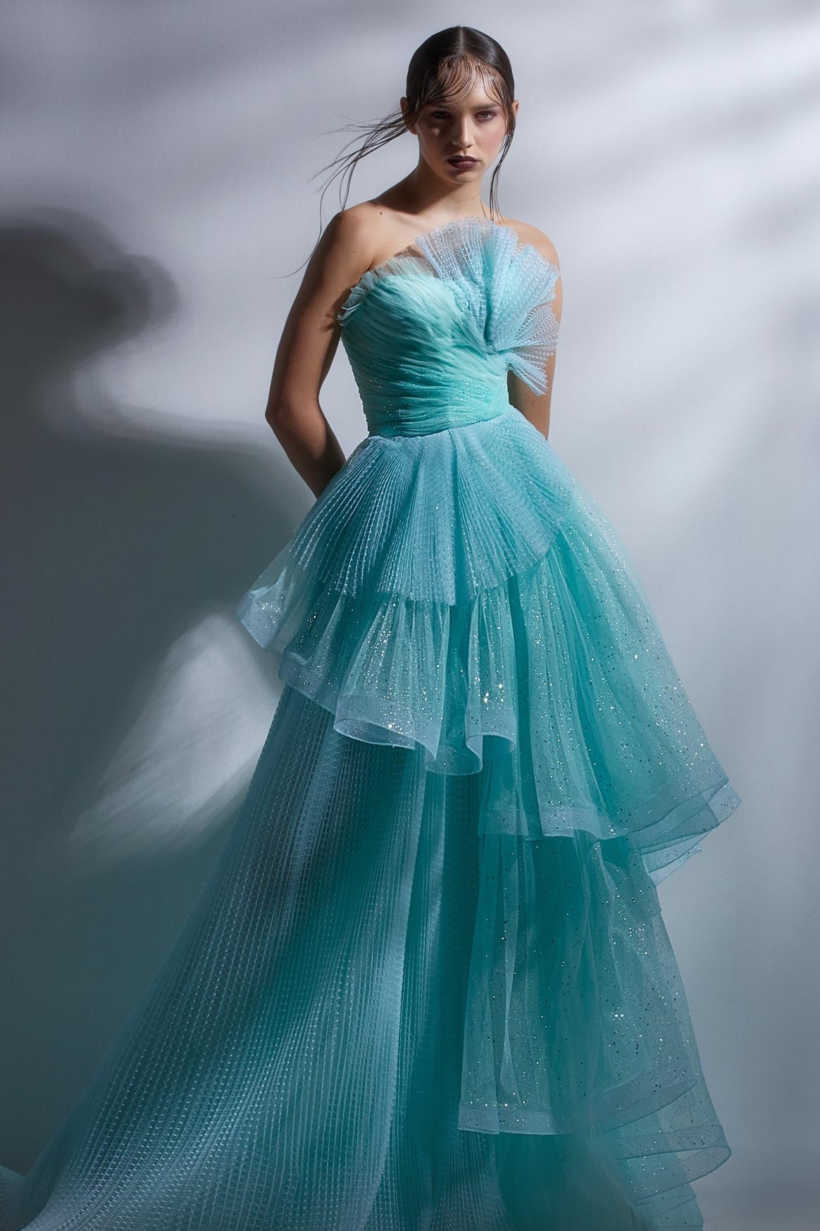 Strapless Tiered A-Line Gown