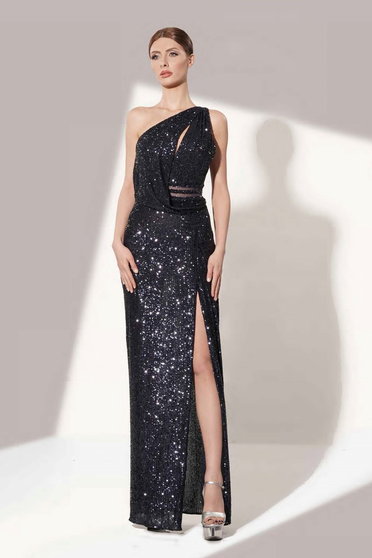 Black Sequin One Shoulder Gown