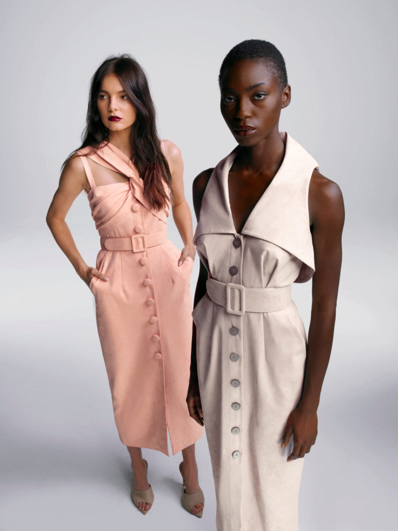 Sleeveless Suede Halter V Neck Midi Dress