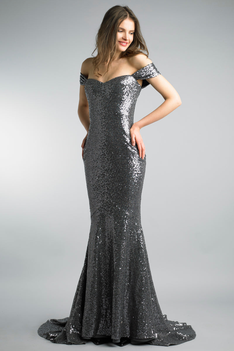 Charcoal Sequined Evening Gown