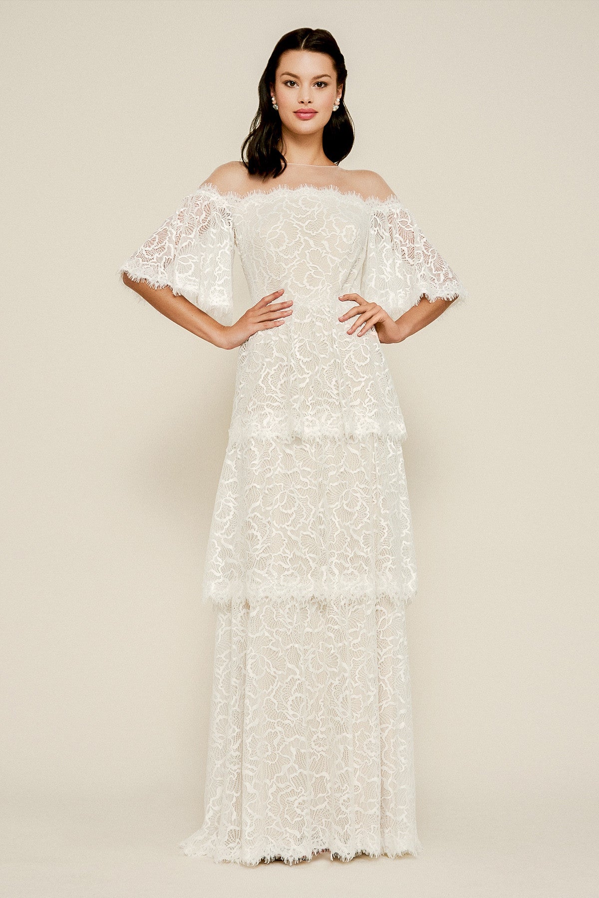 Loki Off the Shoulder Tiered Lace Gown
