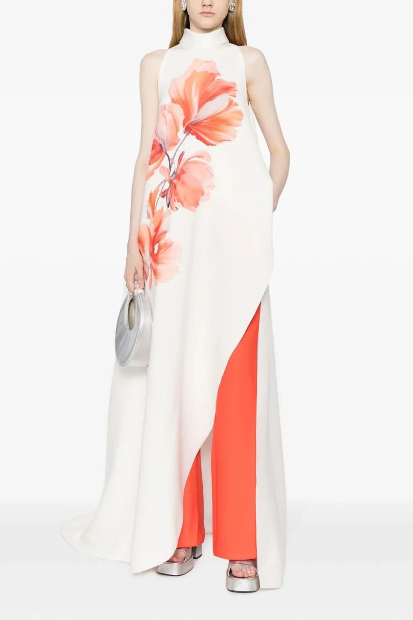 Asymmetric Floral Print Maxi Gown