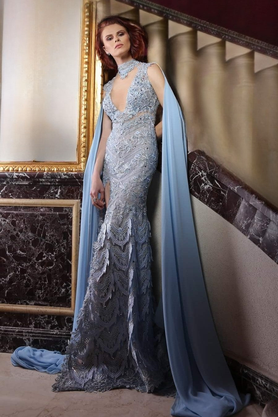 Fit and Flare Gown with Sweeping Sleeves