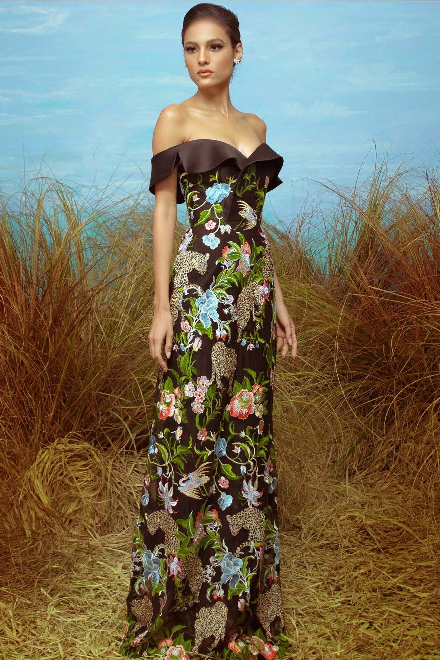 Silk Gazar Embroidered Tulle Gown