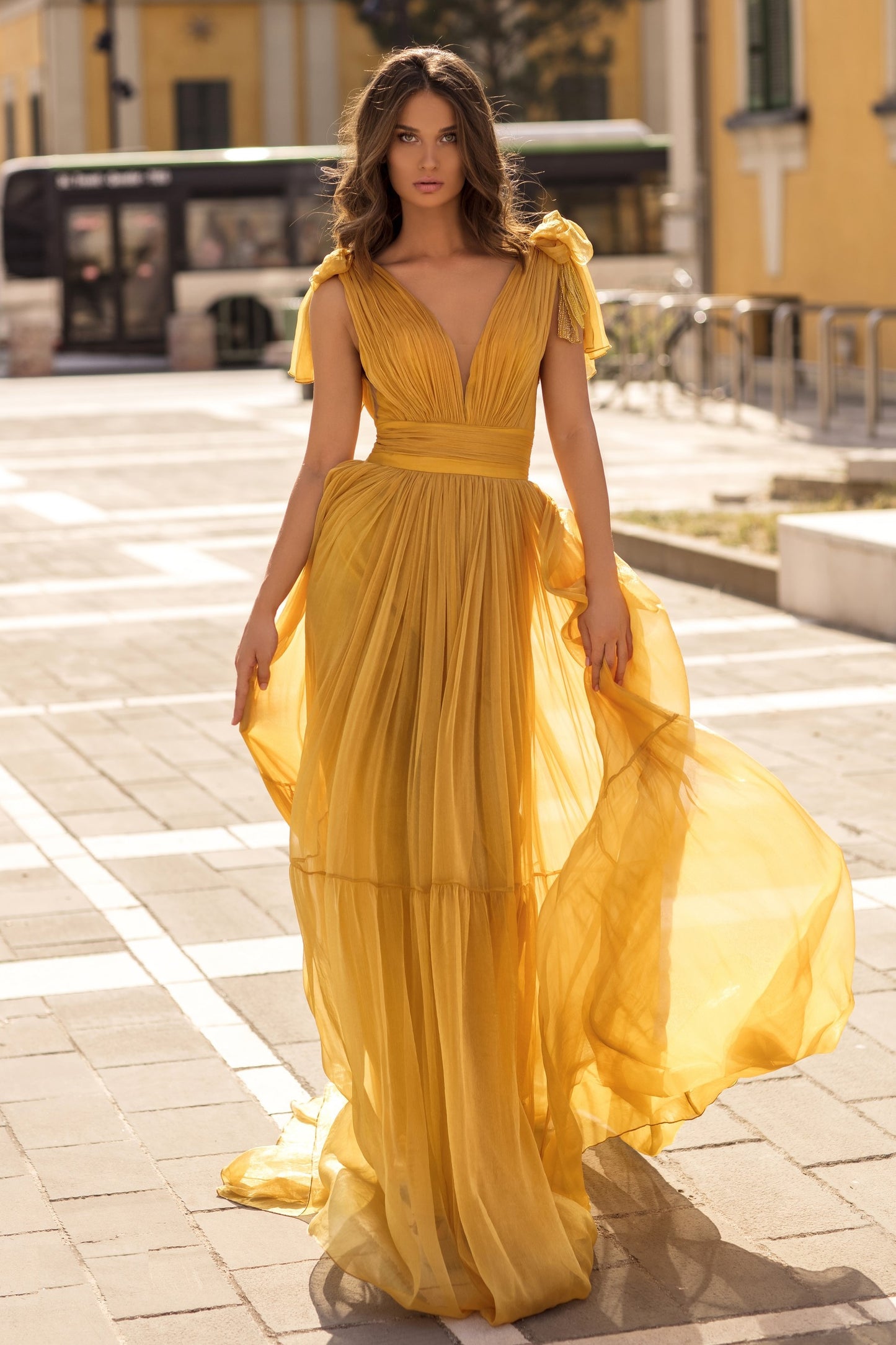 Maccaron Short Sleeve Silky Chiffon Gown