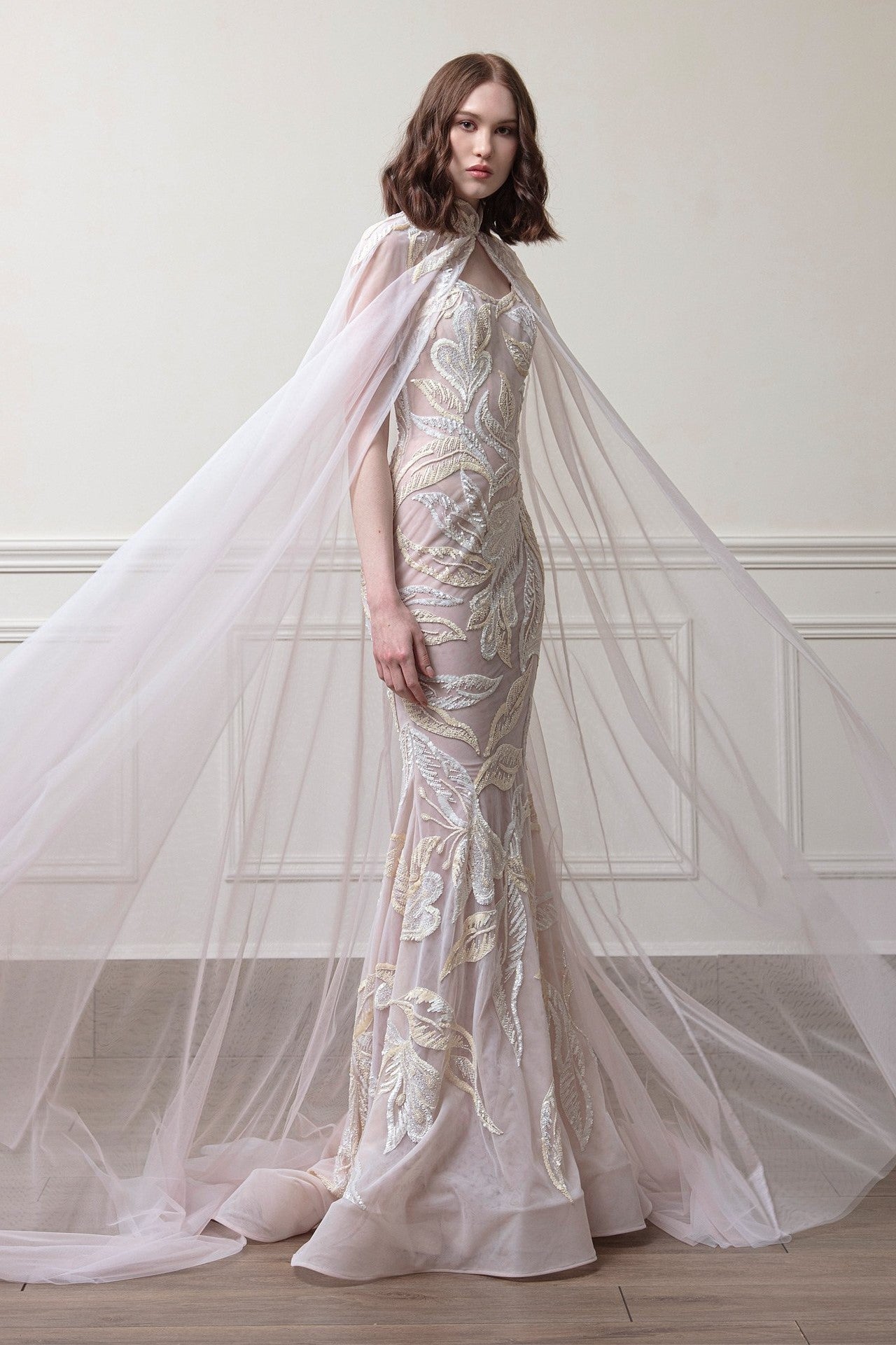 Strapless Tulle Mermaid Gown with Cape