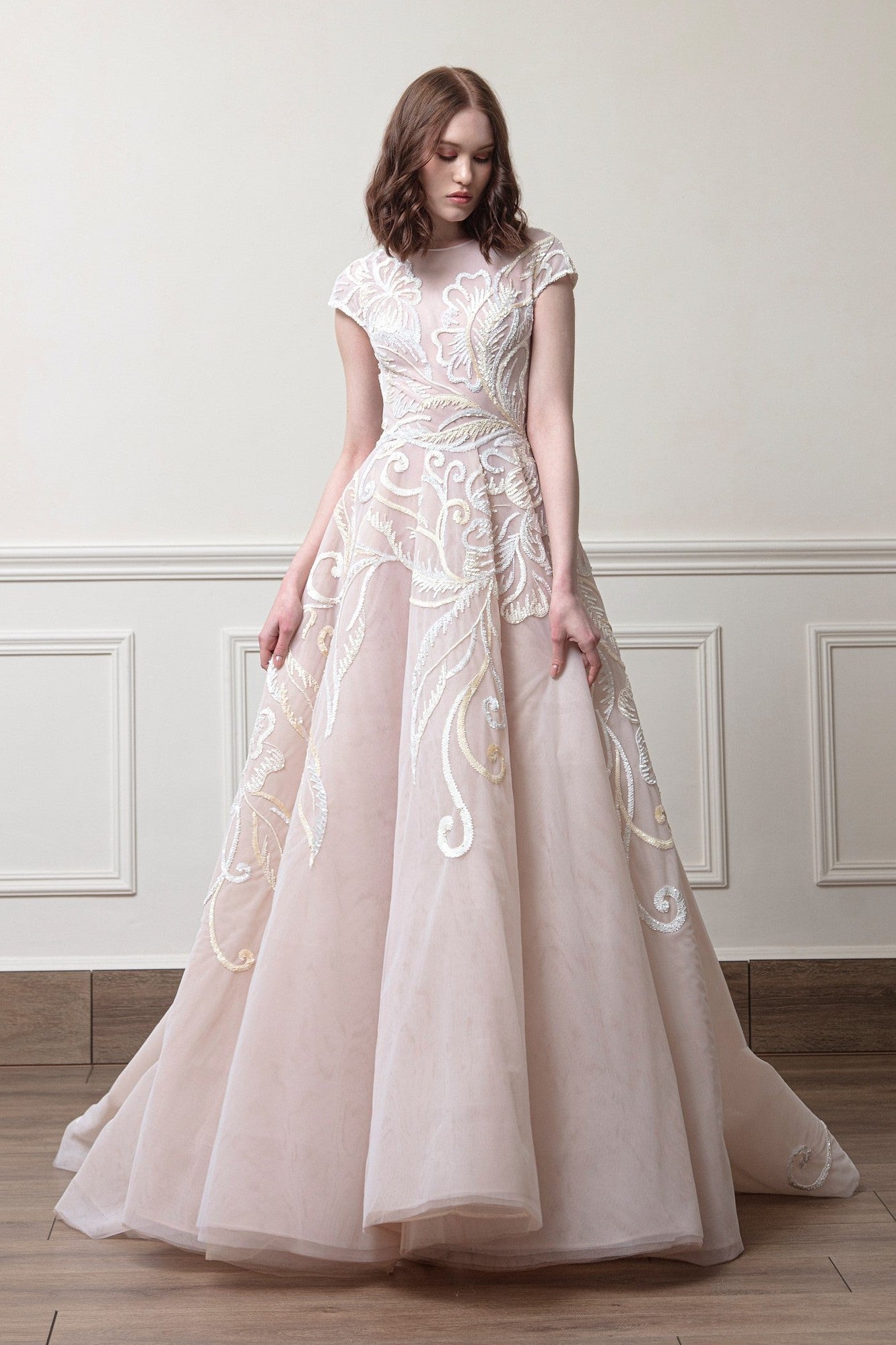Hand Embroidered Floral Tulle Gown
