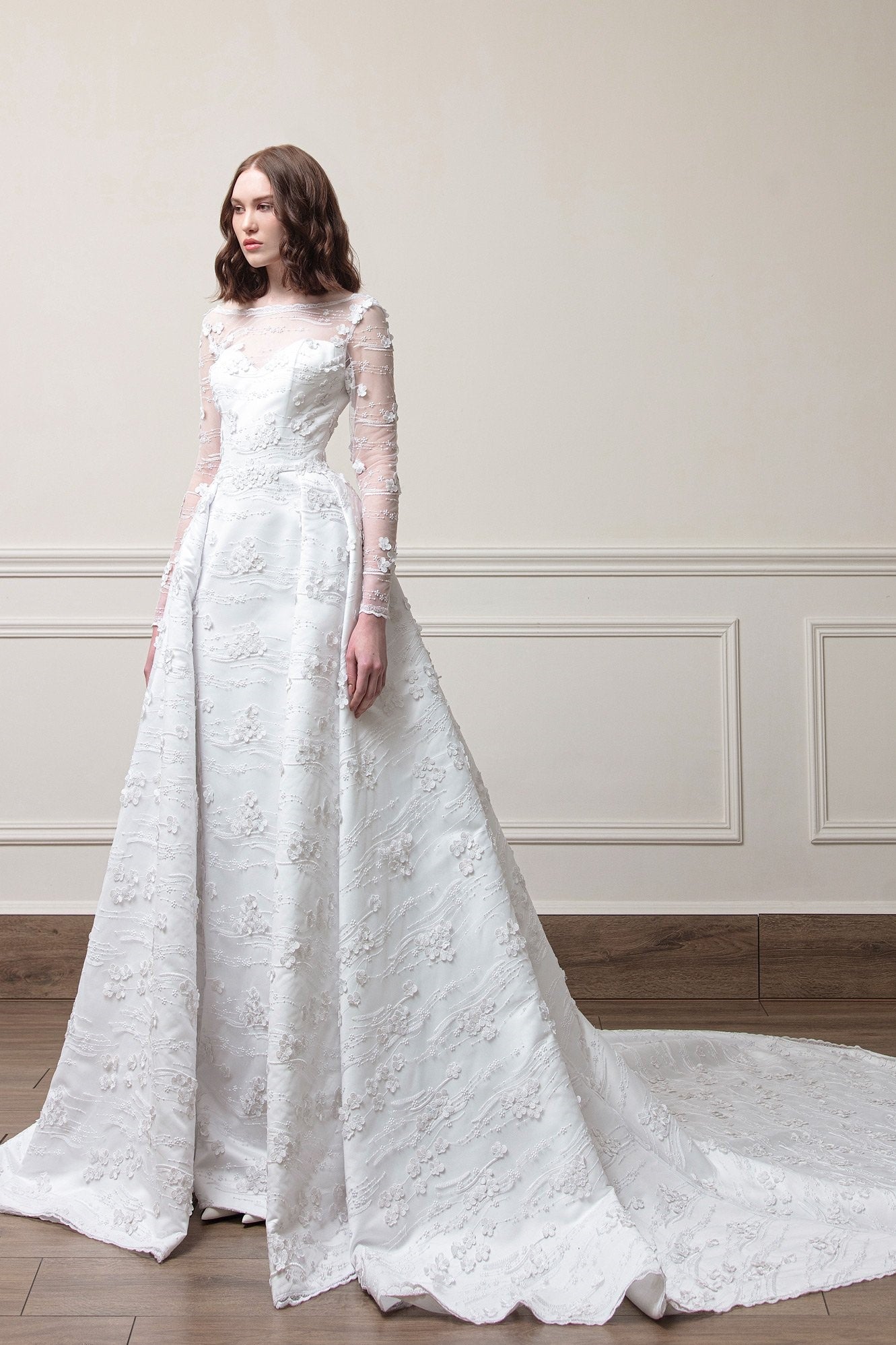Long Sleeve Floral Lace Ball Gown