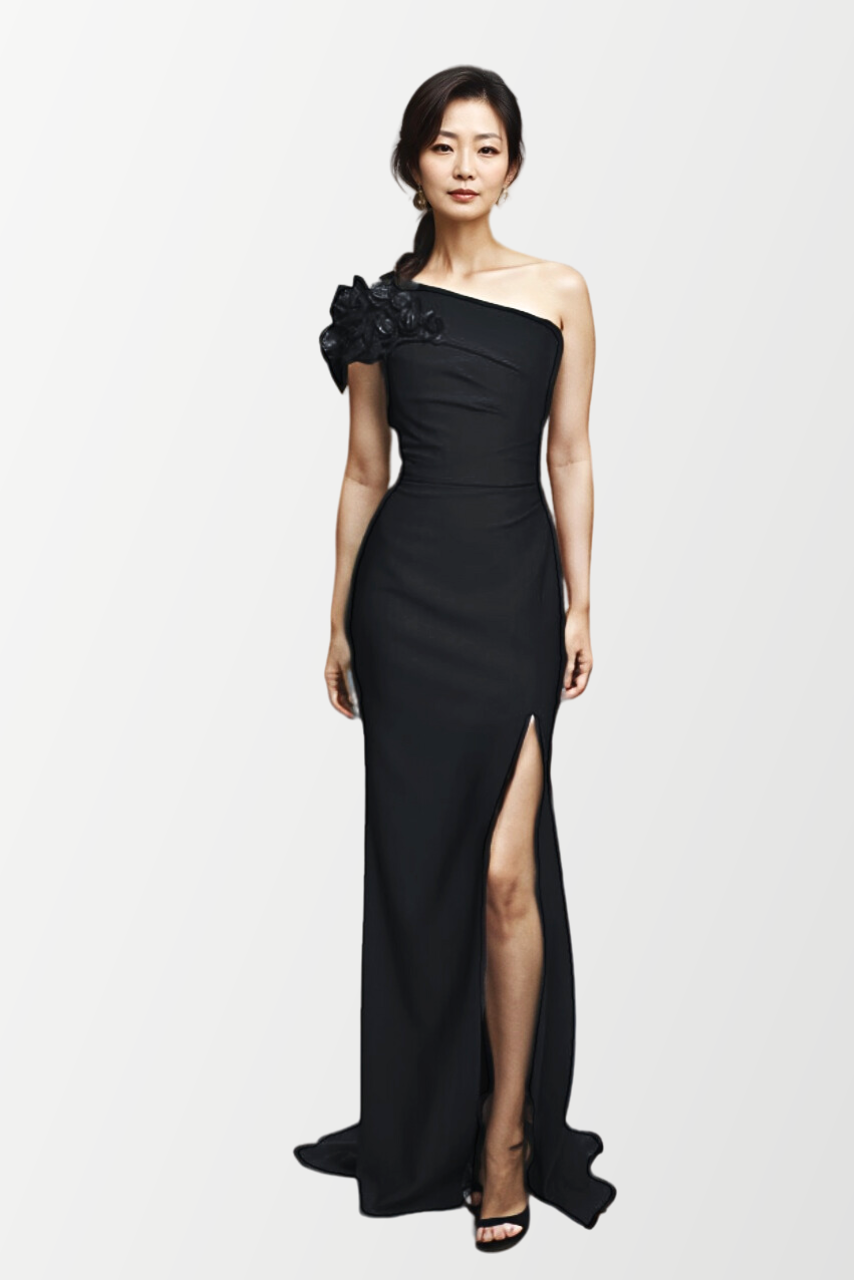 One Shoulder Crepe Slit Gown
