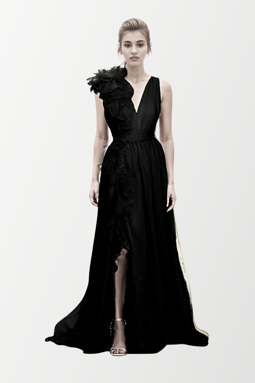 Deep V-Neck Organza Gown