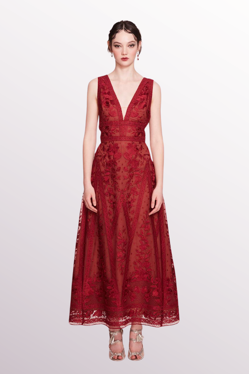 V-Neck Embroidered-Tulle Dress