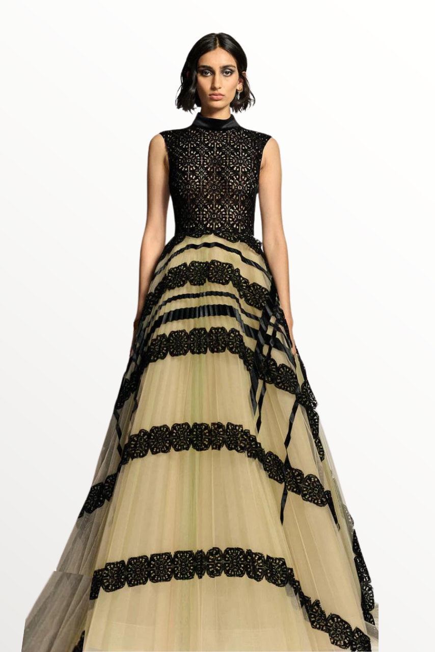 Velvet Flocked Lace Gown