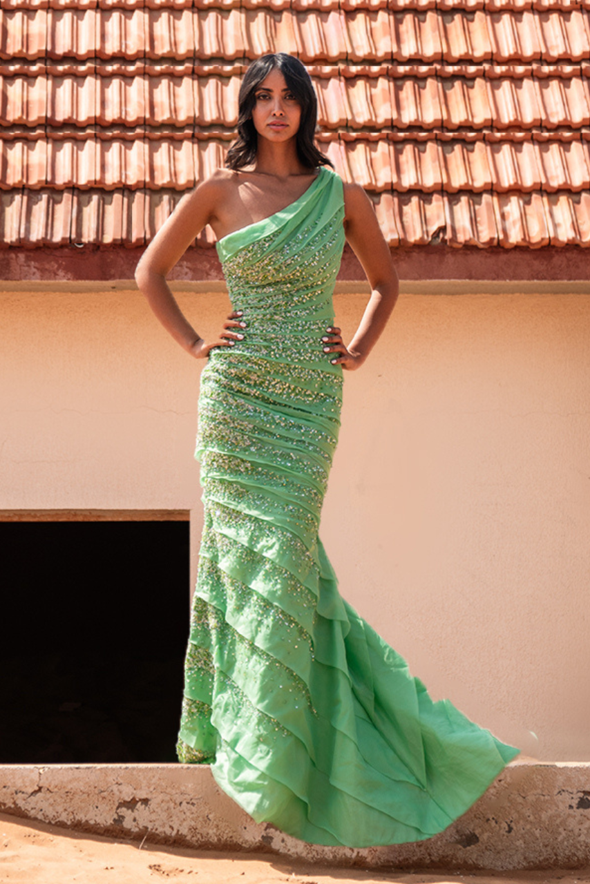 One Shoulder Pleated Gown